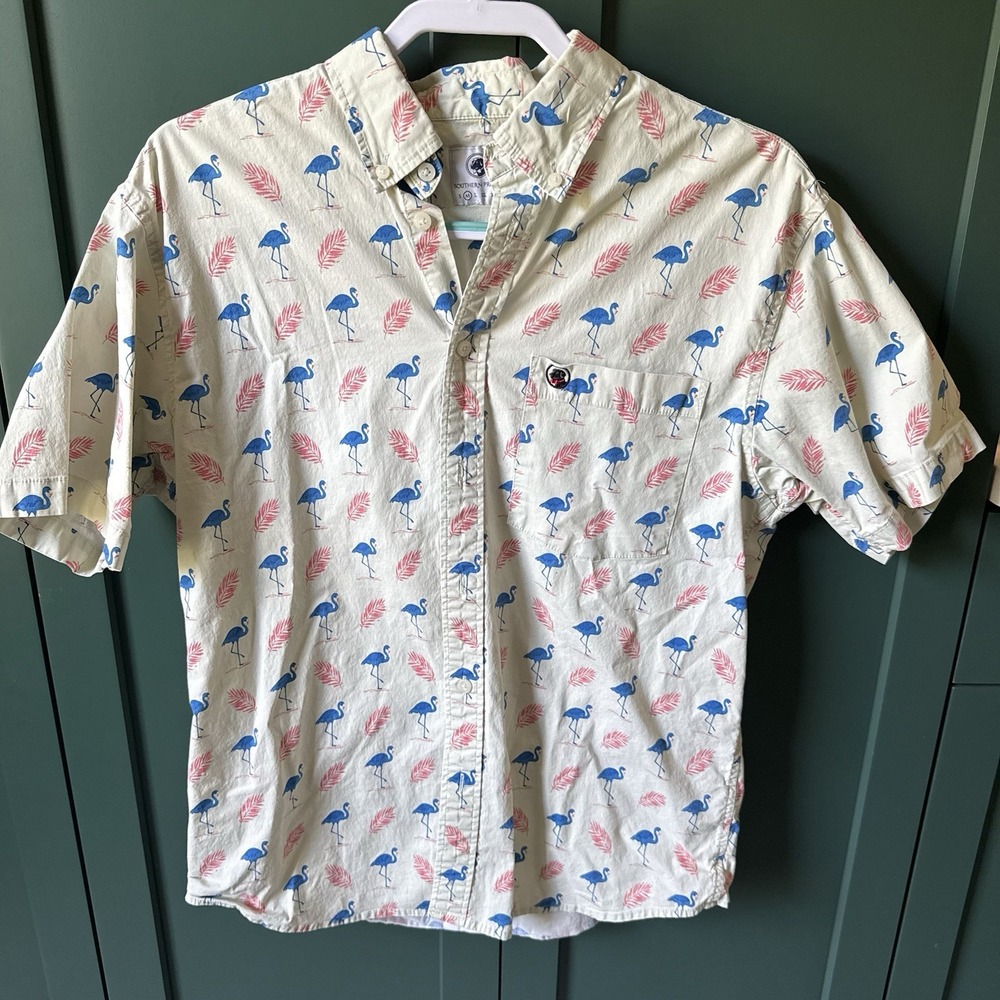 LN Southern Proper Dog‎ Short Sleeve Flamingo Floral Hawaiian Beach Shirt Mens M